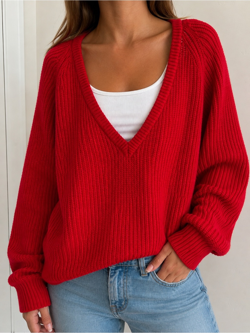 Vintage Collage International Set Red Deep V-Neck Knit Sweater Size L